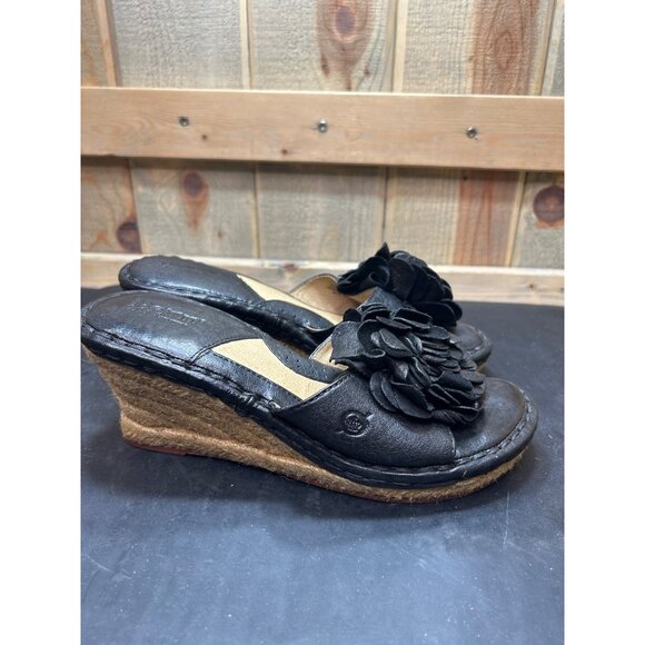 Born Black Leather Wedge Sandals With Floral Detail & Espadrille Sole Size 8 - Picture 1 of 10